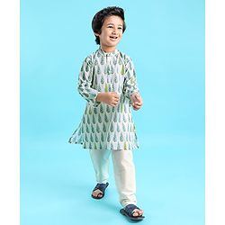 Babyhug 100% Cotton Woven Full Sleeves Kurta Pyjama Set Leaf Print - White