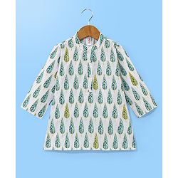 Babyhug 100% Cotton Woven Full Sleeves Kurta Pyjama Set Leaf Print - White