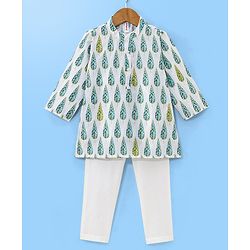 Babyhug 100% Cotton Woven Full Sleeves Kurta Pyjama Set Leaf Print - White