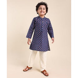 Babyhug 100% Cotton Flower Printed Full Sleeves Kurta With Pyjama Set - Blue