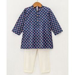 Babyhug 100% Cotton Flower Printed Full Sleeves Kurta With Pyjama Set - Blue