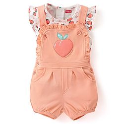 Babyhug 100% Cotton Half Sleeves Inner Tee with Dungaree With Fruits Embroidery - Pink & White
