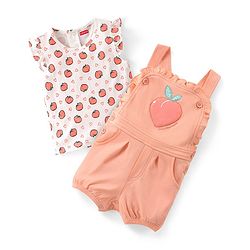 Babyhug 100% Cotton Half Sleeves Inner Tee with Dungaree With Fruits Embroidery - Pink & White