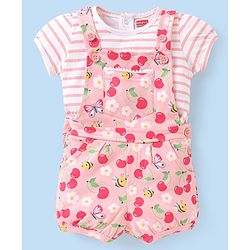 Babyhug 100% Cotton Knit Floral Print Dungaree & Half Sleeves Striped Tee Set - Pink & White