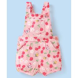 Babyhug 100% Cotton Knit Floral Print Dungaree & Half Sleeves Striped Tee Set - Pink & White