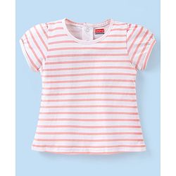 Babyhug 100% Cotton Knit Floral Print Dungaree & Half Sleeves Striped Tee Set - Pink & White