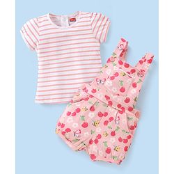 Babyhug 100% Cotton Knit Floral Print Dungaree & Half Sleeves Striped Tee Set - Pink & White