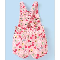 Babyhug 100% Cotton Knit Floral Print Dungaree & Half Sleeves Striped Tee Set - Pink & White