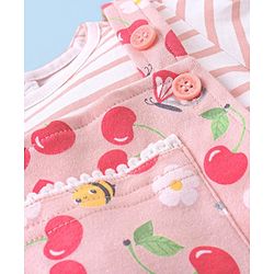 Babyhug 100% Cotton Knit Floral Print Dungaree & Half Sleeves Striped Tee Set - Pink & White