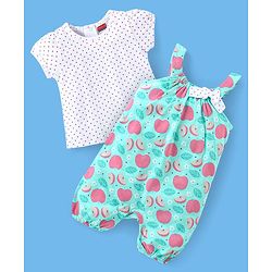 Babyhug 100% Cotton Knit Half Sleeves T-Shirt & Dungaree Set Fruit Print - Pink & Mint