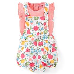 Babyhug 100% Cotton Knit Pomegranate Print  Dungaree with Half Sleeves Inner Tee - White & Pink