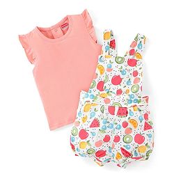Babyhug 100% Cotton Knit Pomegranate Print  Dungaree with Half Sleeves Inner Tee - White & Pink