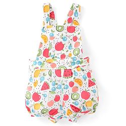 Babyhug 100% Cotton Knit Pomegranate Print  Dungaree with Half Sleeves Inner Tee - White & Pink