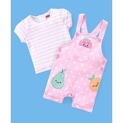 Babyhug 100% Cotton Polka Dots Printed Dungaree with Half Sleeves Striped Inner Tee - White & Pink