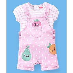Babyhug 100% Cotton Polka Dots Printed Dungaree with Half Sleeves Striped Inner Tee - White & Pink