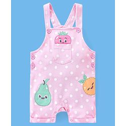 Babyhug 100% Cotton Polka Dots Printed Dungaree with Half Sleeves Striped Inner Tee - White & Pink