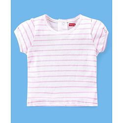 Babyhug 100% Cotton Polka Dots Printed Dungaree with Half Sleeves Striped Inner Tee - White & Pink