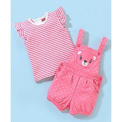 Babyhug Cotton Dungaree With Half Sleeves Inner Tee Striped & Bear PatchWork - Pink