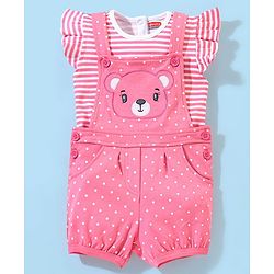 Babyhug Cotton Dungaree With Half Sleeves Inner Tee Striped & Bear PatchWork - Pink