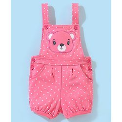 Babyhug Cotton Dungaree With Half Sleeves Inner Tee Striped & Bear PatchWork - Pink