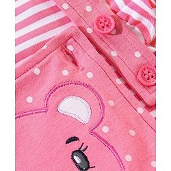 Babyhug Cotton Dungaree With Half Sleeves Inner Tee Striped & Bear PatchWork - Pink
