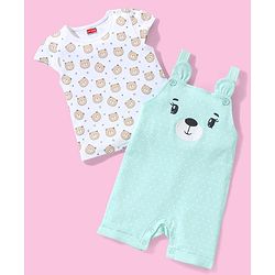 Babyhug Cotton Puff Print Dungaree with Bear Printed Half Sleeves Inner Tee - Mint