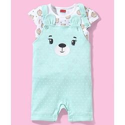 Babyhug Cotton Puff Print Dungaree with Bear Printed Half Sleeves Inner Tee - Mint
