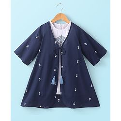 Babyhug Cotton Woven Three Fourth Sleeves Inner & Outer Set of Ethnic Dress with Floral Embroidery & Print - Navy Blue & White