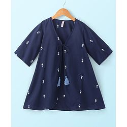 Babyhug Cotton Woven Three Fourth Sleeves Inner & Outer Set of Ethnic Dress with Floral Embroidery & Print - Navy Blue & White
