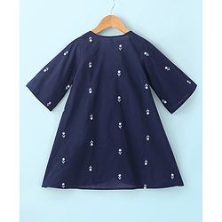 Babyhug Cotton Woven Three Fourth Sleeves Inner & Outer Set of Ethnic Dress with Floral Embroidery & Print - Navy Blue & White