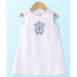 Babyhug Cotton Woven Three Fourth Sleeves Inner & Outer Set of Ethnic Dress with Floral Embroidery & Print - Navy Blue & White