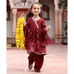 Babyhug Rayon Three Fourth Sleeves Foil Printed Overlaped Kurti & Palazzo Set with Dupatta - Maroon