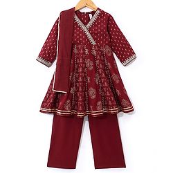 Babyhug Rayon Three Fourth Sleeves Foil Printed Overlaped Kurti & Palazzo Set with Dupatta - Maroon