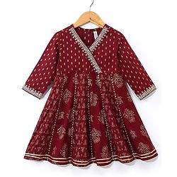 Babyhug Rayon Three Fourth Sleeves Foil Printed Overlaped Kurti & Palazzo Set with Dupatta - Maroon