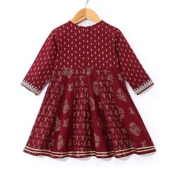 Babyhug Rayon Three Fourth Sleeves Foil Printed Overlaped Kurti & Palazzo Set with Dupatta - Maroon