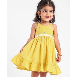 Babyhug Crinckled Cotton Sleeveless Ethnic Dress With Embroidery Detailing - Yellow