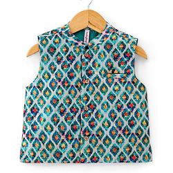 Babyhug 100% Cotton Full Sleeves Kurta Payjama Set With Waistcoat Kite Print - Purple & Blue