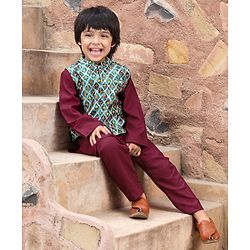 Babyhug 100% Cotton Full Sleeves Kurta Payjama Set With Waistcoat Kite Print - Purple & Blue