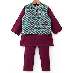 Babyhug 100% Cotton Full Sleeves Kurta Payjama Set With Waistcoat Kite Print - Purple & Blue