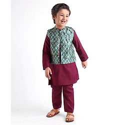 Babyhug 100% Cotton Full Sleeves Kurta Payjama Set With Waistcoat Kite Print - Purple & Blue