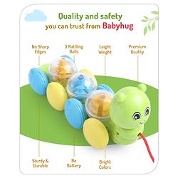Babyhug Premium Caterpillar Pull Along Toy for Kids- Green| Pull String Plastic Pre-School Toys for Babies| Encourage Walking, Build Gross Motor Skills and Hand-Eye Coordination| BIS Certified| 18+ Months.