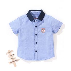 Babyhug 100% Cotton Half Sleeves Solid Oxford Shirt With Badge- Blue