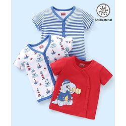 Babyhug 100% Cotton Antibacterial Half Sleeves Vests Dino Print Pack of 3 - Blue & Red