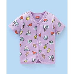 Babyhug 100% Cotton Antibacterial Half Sleeves Vests Boat & Palm Tree Print Pack of 3 - Purple & Yellow