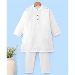 Babyhug 100% Cotton Woven Full Sleeves Leaf Embroidered Kurta with Pyjama Set - White