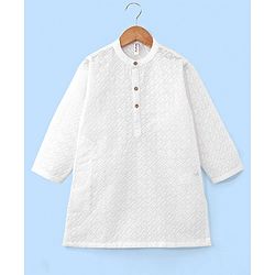 Babyhug 100% Cotton Woven Full Sleeves Leaf Embroidered Kurta with Pyjama Set - White