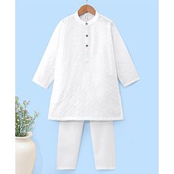Babyhug 100% Cotton Woven Full Sleeves Square Embroidered Kurta with Pyjama Set - White