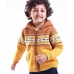 Babyhug Knit Full Sleeves Hooded Sweaters Argyle Design - Mustard & Brown
