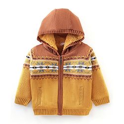 Babyhug Knit Full Sleeves Hooded Sweaters Argyle Design - Mustard & Brown