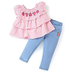 Babyhug 100% Cotton Half Sleeves Checked Top & Jeans Set Floral Embroidery- Pink & Blue